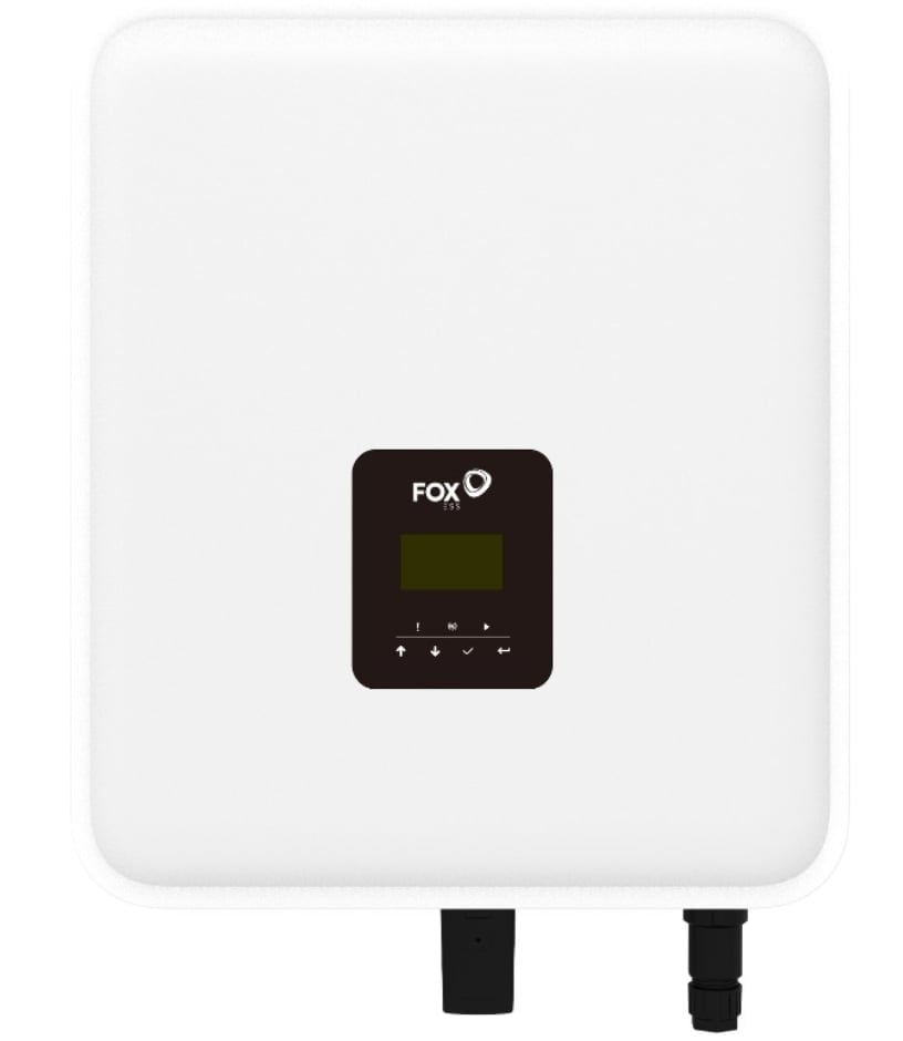 White Fox solar inverter with black digital display panel and two black conduit ports at bottom